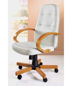 Cream Leather Faced Managers Chair with Wooden Arms ; Legs