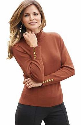 Form fitting knitted sweater in elegant fine knit with long sleeves and ribbed cuffs. Featuring a polo neck with 5 gold coloured decorative buttons on the cuffs. Creation L Sweater Features: Casual fit Button detail Long sleeves Washable 50% Cotton, 