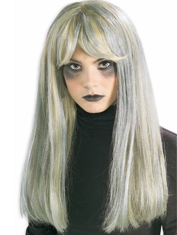 This chest length wig has a blonde base, which is then overlaid with grey hair, giving it a really s