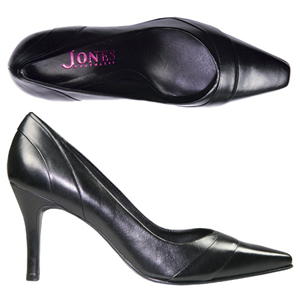 A modern Court shoe from Jones Bootmaker. Features decorative curved seams, long squared off toe and