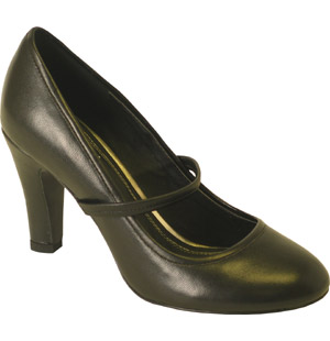 Leather courts with dolly bar strap detail. The Crunchy shoes have a high covered heel and round toe