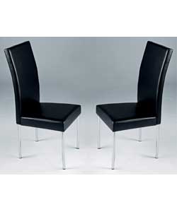 Size (W)41.5, (D)56, (H)97cm.Pair of crystal dining chairs with chrome metal legs and a black leathe