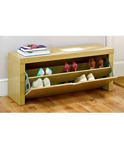 Oak effect storage bench.Holds up to 10 pairs of shoes (size 8 mens).Size (H)44.5, (W)100, (D)38.5cm