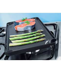 Fits over 2 hotplates.  Has raised ridges for grilling and smooth surface for frying.Cast aluminium 