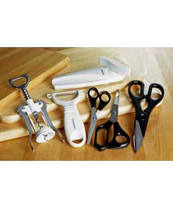Includes: A can opener. A safety peeler. 3 piece scissor set. Corkscrew with bottle opener