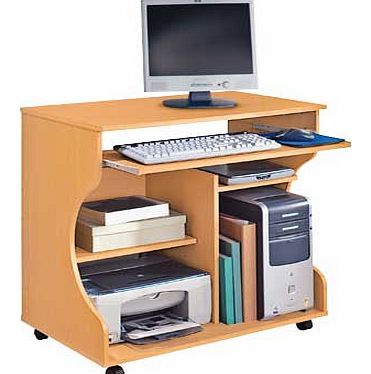 A beech-effect desk and trolley all in one. to solve your storage and mobility problems with style. This smart desk fits neatly into your office. offering a compact workstation with a pull-out keyboard shelf fitted on metal runners and generous stora
