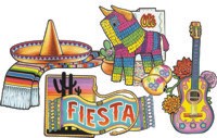 A collection of 4 Mexican Fiesta themed cutouts. There`s a sombrero, pinata, mariachi guitar and a f