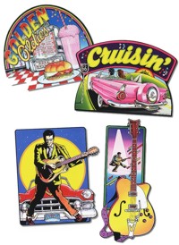 A collection of four 50s cutout decorations featuring cars, guitars and popstars.