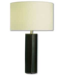 Cylindrical brown leatherette base with cream shade.Height 41cm.Shade diameter 21.6cm.Push-bar