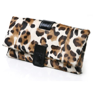 Fine hair finish leopard print leather clutch bag featuring magnetic clasp fastening flap over closu