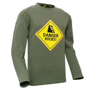 This Danger Rocks long sleeved T-shirt features a back protector printed on the back and a Danger Ro