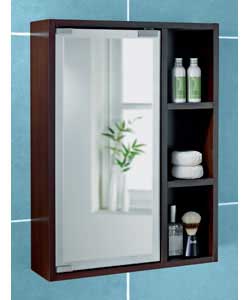 Dark wood frosted edge mirror-door cabinet with 3 integral display shelves.1 door and fixed shelves.