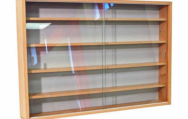 Stylish wall mountable beech effect finish display unit with pale grey painted backboard and 4 adjustable shelves and double sliding tempered glass doors. Ideal for showing off your collectables from ornaments to model cars and trains. Shelves are 6.