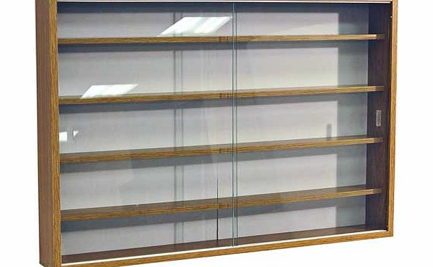 Stylish wall mountable oak effect finish display unit with pale grey painted backboard and 4 adjustable shelves and double sliding tempered glass doors. Ideal for showing off your collectables from ornaments to model cars and trains. Shelves are 6.5c