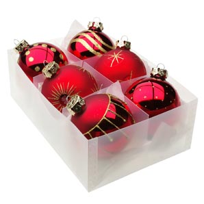 Decorated Red Baubles, Large, Box of Six