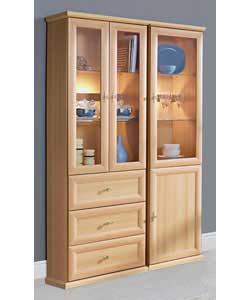Beech effect display cabinet.2 glass doors and 3 wooden drawers with metal runners.2 adjustable