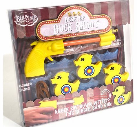 Desktop Duck Shooting Game This Desktop Duck Shooting Game features 3 duck targets and a rubber band gun! The ducks are pencil rubbers, whilst the gun barrel is a usable pencil. Each duck measures around 4.5 cm x 3.8 cm x 0.8 cm. A fantastic novelty 