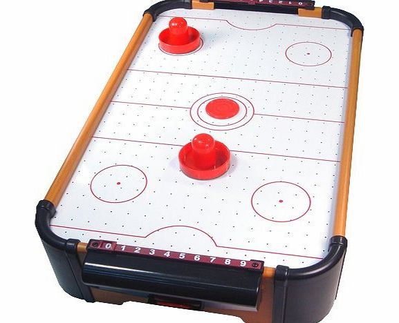 Have hours of fun with this stylish and compact mini air hockey game. it makes you like you are actually playing in the arcade. Strong jets of air blow upwards and make the puck float on a cushion of air. The first player to get 10 goals wins. A grea