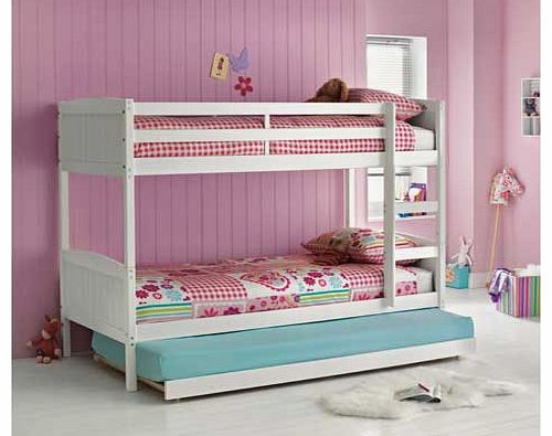 This solid pine bunk bed is perfect for families with young children and the trundle makes an convenient spare bed for sleepovers. Finished in white paint. it has a neutral appearance to compliment a range of decors. For safety reasons the maximum ma