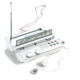 Digital FM scan radio alarm, with in-ear headphones. The white tube clips open to reveal the LCD