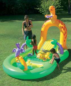 Includes water slide, wading pool, spray nozzle, 3