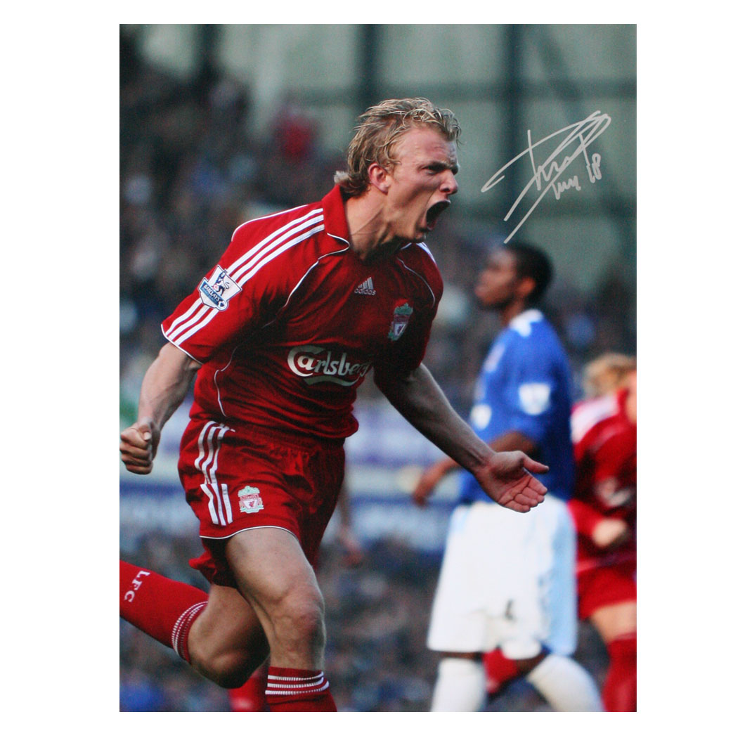 This photograph shows Dirk Kuyt celebrating after scoring a goal against Everton at Goodison. With a