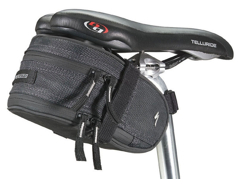 Seat bag with zippered expansion pocket for greater capacity, designed to carry all that you need