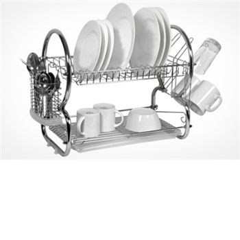 Designed for bigger families and those with limited space, this innovative two-tier dish drainer includes a dish rack, tumbler holder, cutlery holder, and drip tray. Made with sturdy chrome-plated steel, the durable drainer is available here in chrom