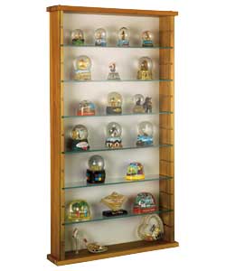 General display of ornaments and collectables.Pine stain finish frame with light grey painted backbo