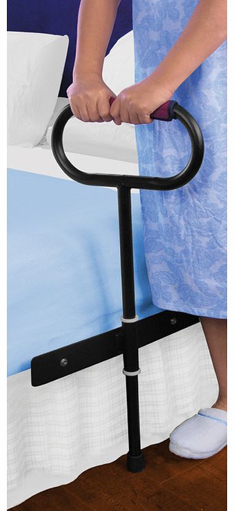Cushioned Bedside Support Rail. Pivots for easy manoeuvering. Adjustable height. Slips between mattress and bed frame. Comfortable grip with cushioned handle.