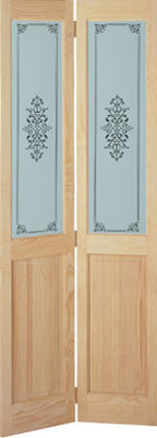 SEMI CLEAR PINE CAMPION BI FOLD SILKSCREEN GLAZED DOOR.THE THICKNESS OF THIS DOOR IS 35mm AND IS AVA