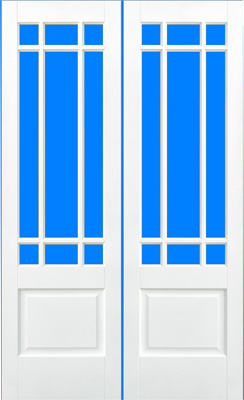 WHITE PRIMED DOWNHAM PAIR OF CLEAR BEVELLED TOUGHENED GLAZED DOORS.THE THICKNESS OF THESE DOORS IS