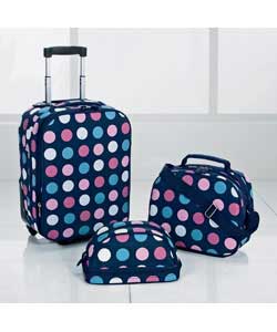 16in trolley case, matching flight bag and wash bag.Navy / pink / white.Polyester.Soft EVA.Moulded.C
