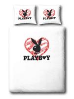 This red/white double bed cover set features a Playboy Bunny heart in the centre.  REVERSIBLE