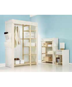 Comprises double wardrobe with shelving, 3-tier shelf and 1-drawer cabinet with bottom slatted