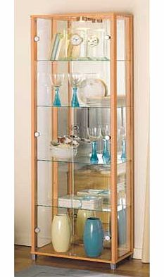 This beech effect display cabinet has 2 glass doors with attractive silver coloured handles. A stylish way to present your decorative items. this cabinet is a fantastic addition to your home. Size H172. W58. D33cm. Silver handles. 2 glass doors. 4 fi