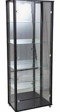 A contemporary black double display unit with halogen lights to display your precious items and keep them safe. Size H172. W58. D33cm. Silver handles. 2 glass doors. Mirrored back panels. Halogen display lighting. Weight 46kg. Maximum load weight 20k