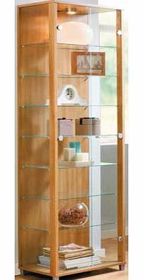 This light oak effect display cabinet has 2 glass doors with attractive silver coloured handles. A stylish way to present your decorative items. this cabinet is a fantastic addition to your home. Size H172. W58. D33cm. Silver handles. 2 glass doors. 