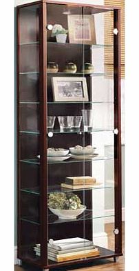 This stunning glass display cabinet has a wenge effect finish. Perfect for protecting and showing off your decorative items or using for storage. this cabinet looks modern and stylish in your home. Size H172. W58. D33cm. Silver handles. 2 glass doors