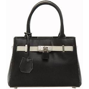 Black leather bag with white trim and decorative p