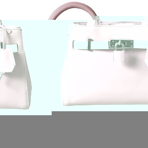 Dusky pink leather bag with white trim and decorat