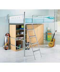 Silver metal-framed bunk bed with ladder and beech-effect storage units.2 wardrobe sections, 2