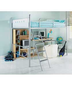 Silver metal-framed bunk bed with ladder. Can be assembled for ladder access from either end