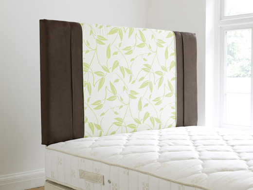 Stunning upholstered headboard with leaf design centre panel and faux suede sides. Comes in a range 