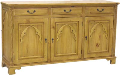 A beautifully distressed medieval pine dresser base or sideboard. With 3 doors and 3 drawers  great