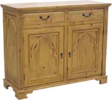An extremely functional medieval pine dresser base or sideboard   2 drawers and 2 doors. With