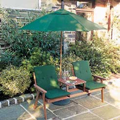 Stylish garden seat for two in hardwood with an integral table. Perfect for evening drinks or