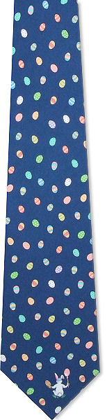 A wonderful Easter tie featuring lots of different coloured Easter eggs over a blue background with 