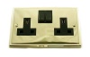 Edwardian stepped edge polished brass double 13 amp switched socket with brown insert.