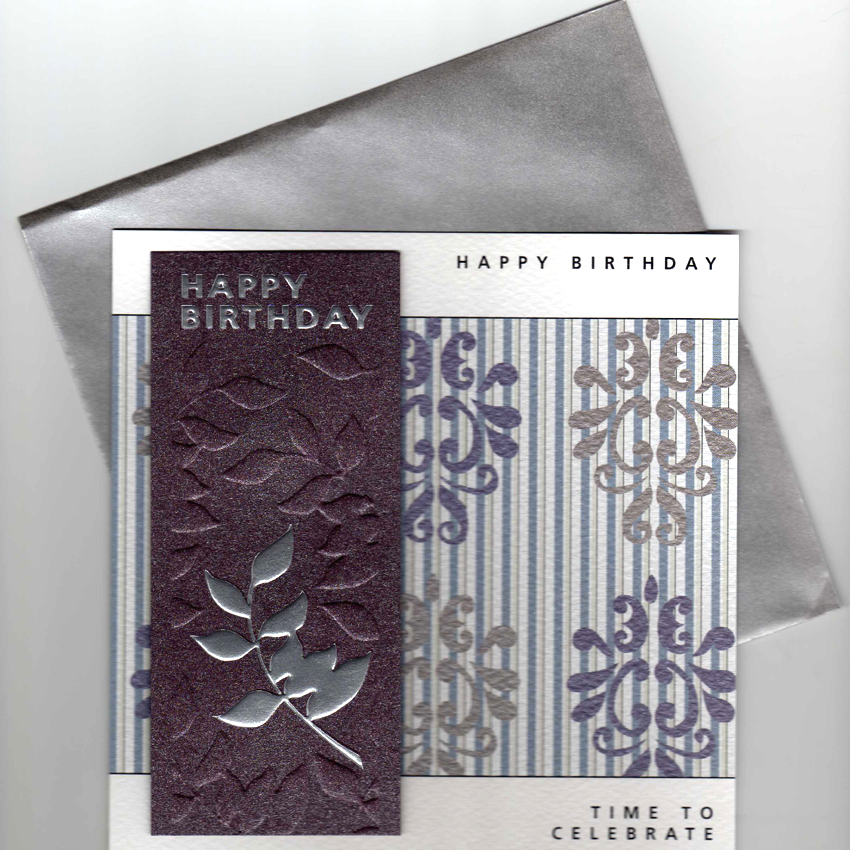 Elegant Wallpaper Effect Happy Birthday Card with silver leaf detail.
